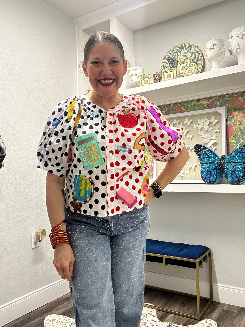 QOS Colorblock Polka Dot Teacher Icon Button Up Top