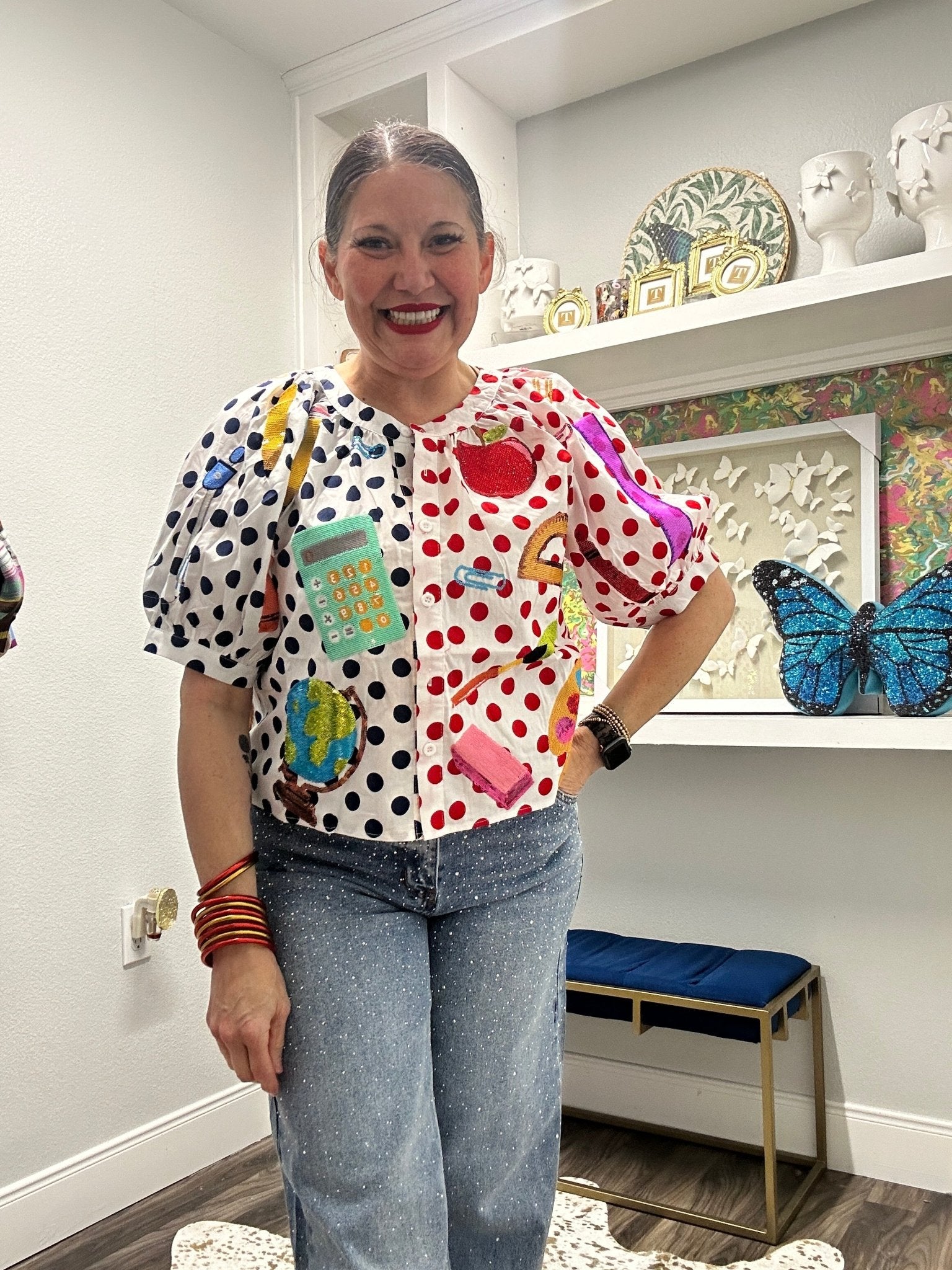 QOS Colorblock Polka Dot Teacher Icon Button Up Top