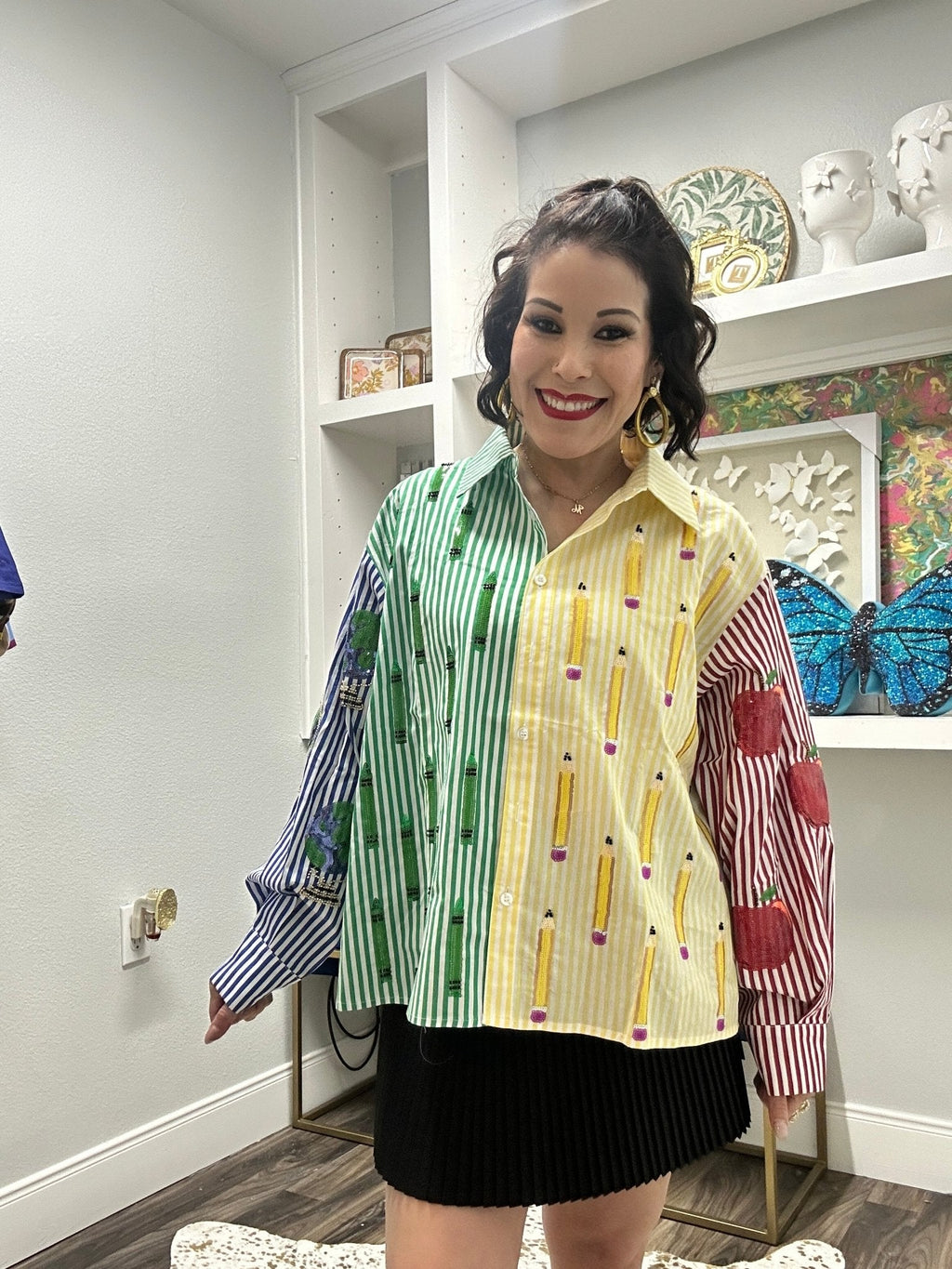 QOS Colorblock Stripe Teacher Icon Button Up Cotton Top