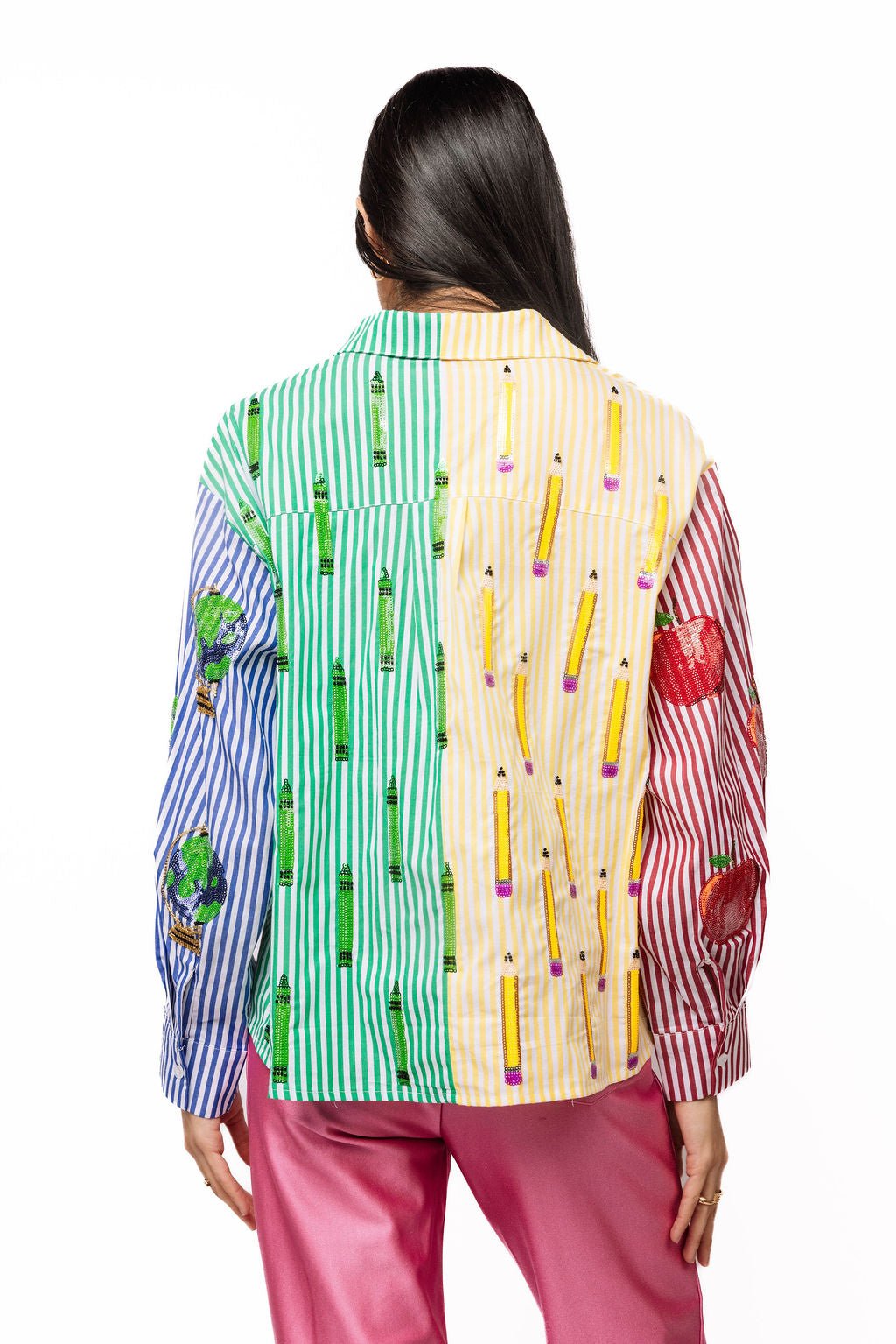 QOS Colorblock Stripe Teacher Icon Button Up Cotton Top