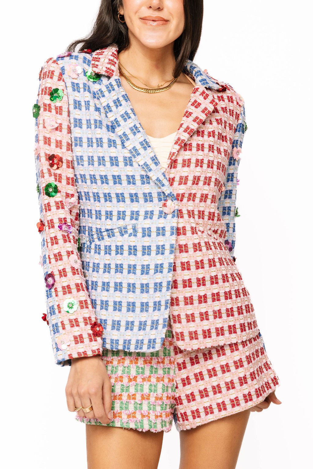 QOS Colorblock Tweed Flower Sleeve Blazer