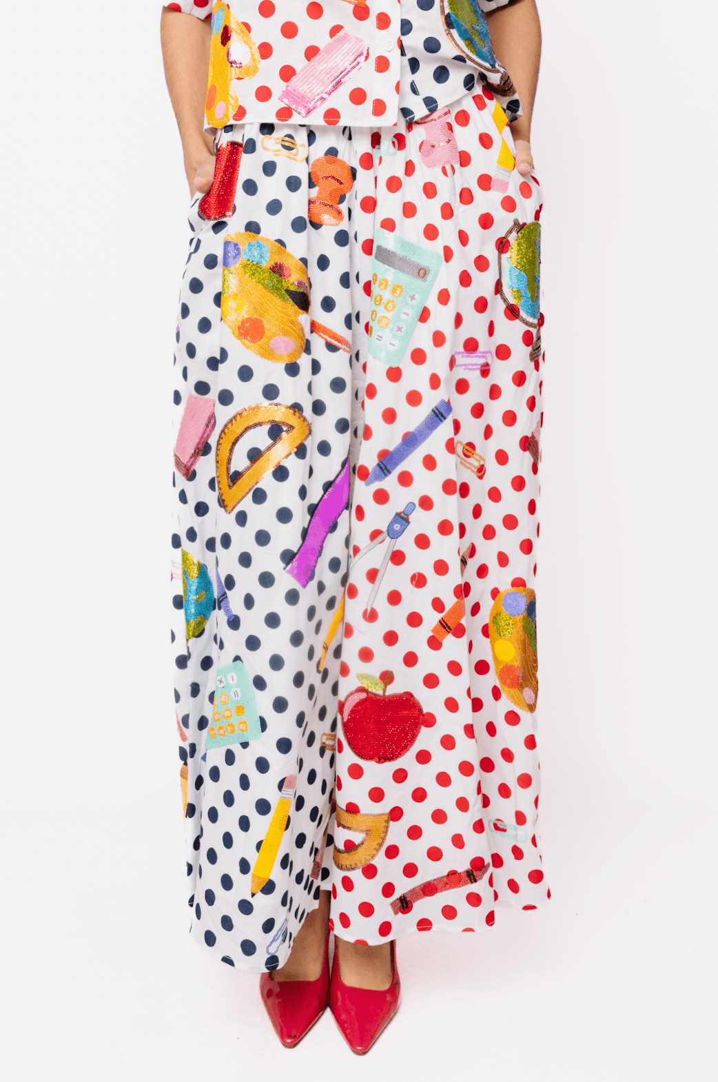 QOS Colorful Polka Dot School Supplies Icon Midi Skirt