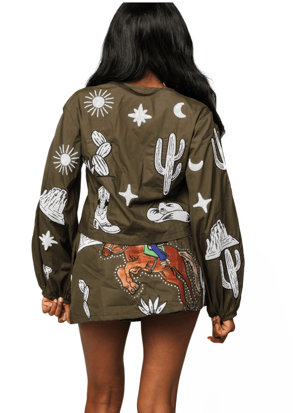 QOS Dark Green & Ivory Western Icon Tie Up Long Sleeve Top