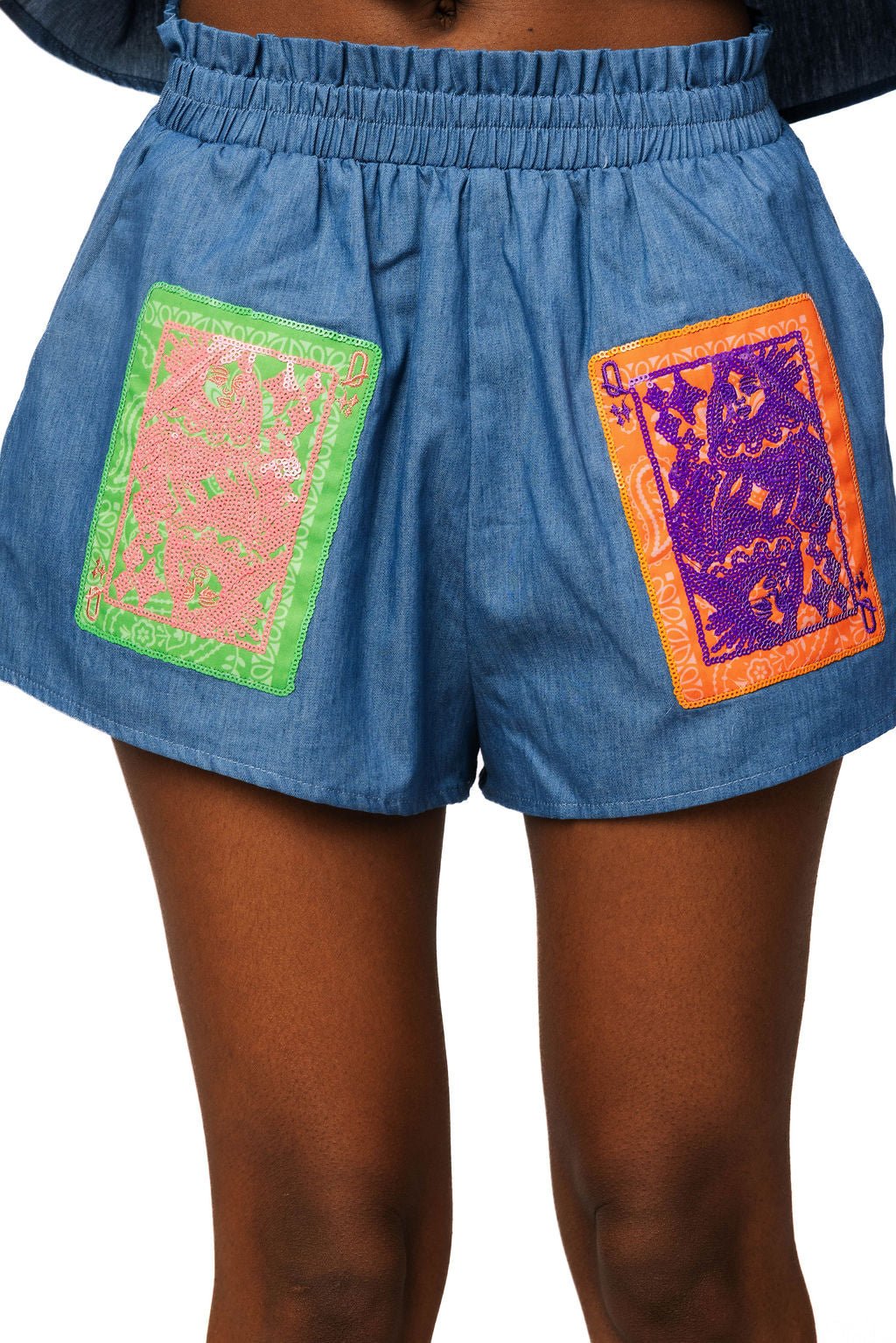 QOS denim Colorblock Bandana QOS Card Logo Short