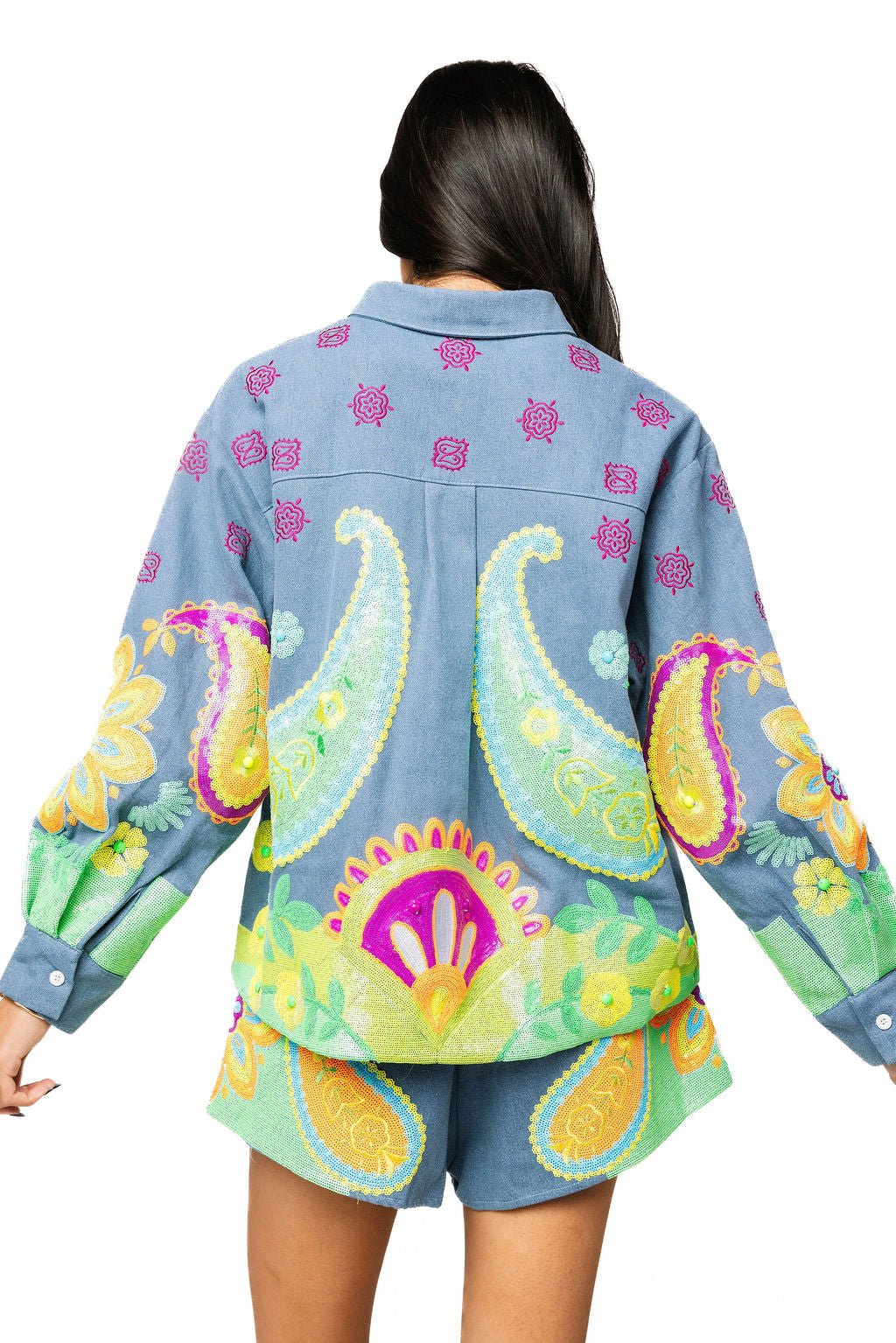 QOS Denim & Neon Paisley Print Short