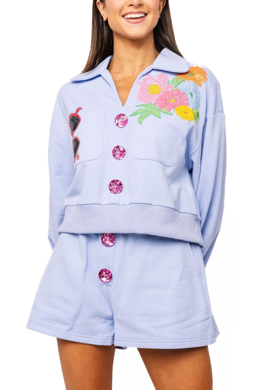 QOS Dusty Blue Jewel Button Flower & Sunglasses in Pocket Sweatshirt