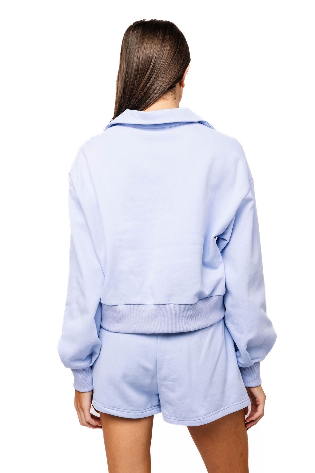 QOS Dusty Blue Jewel Button Flower & Sunglasses in Pocket Sweatshirt