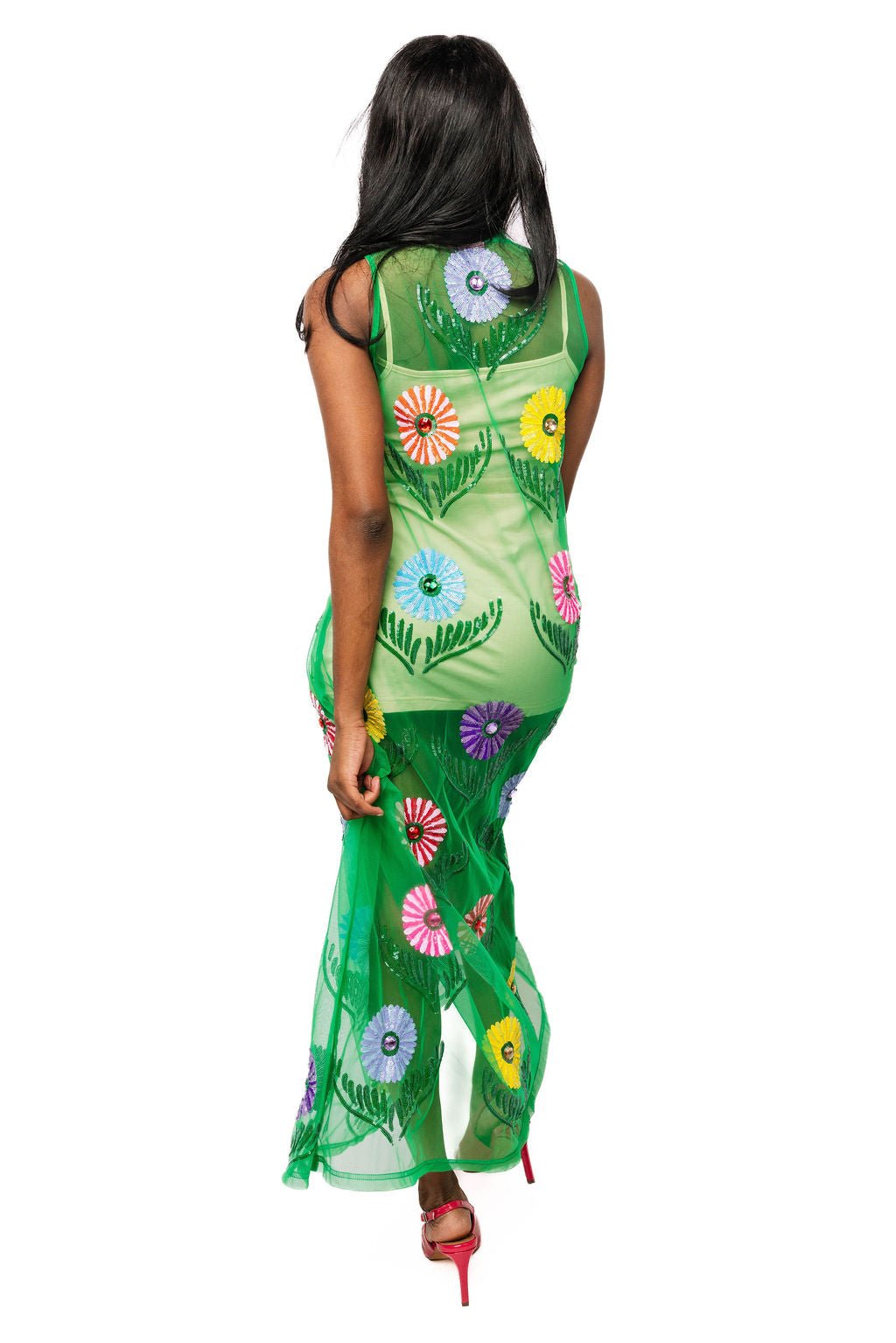 QOS Green Cinco Flowers Mesh Coverup Midi Dress