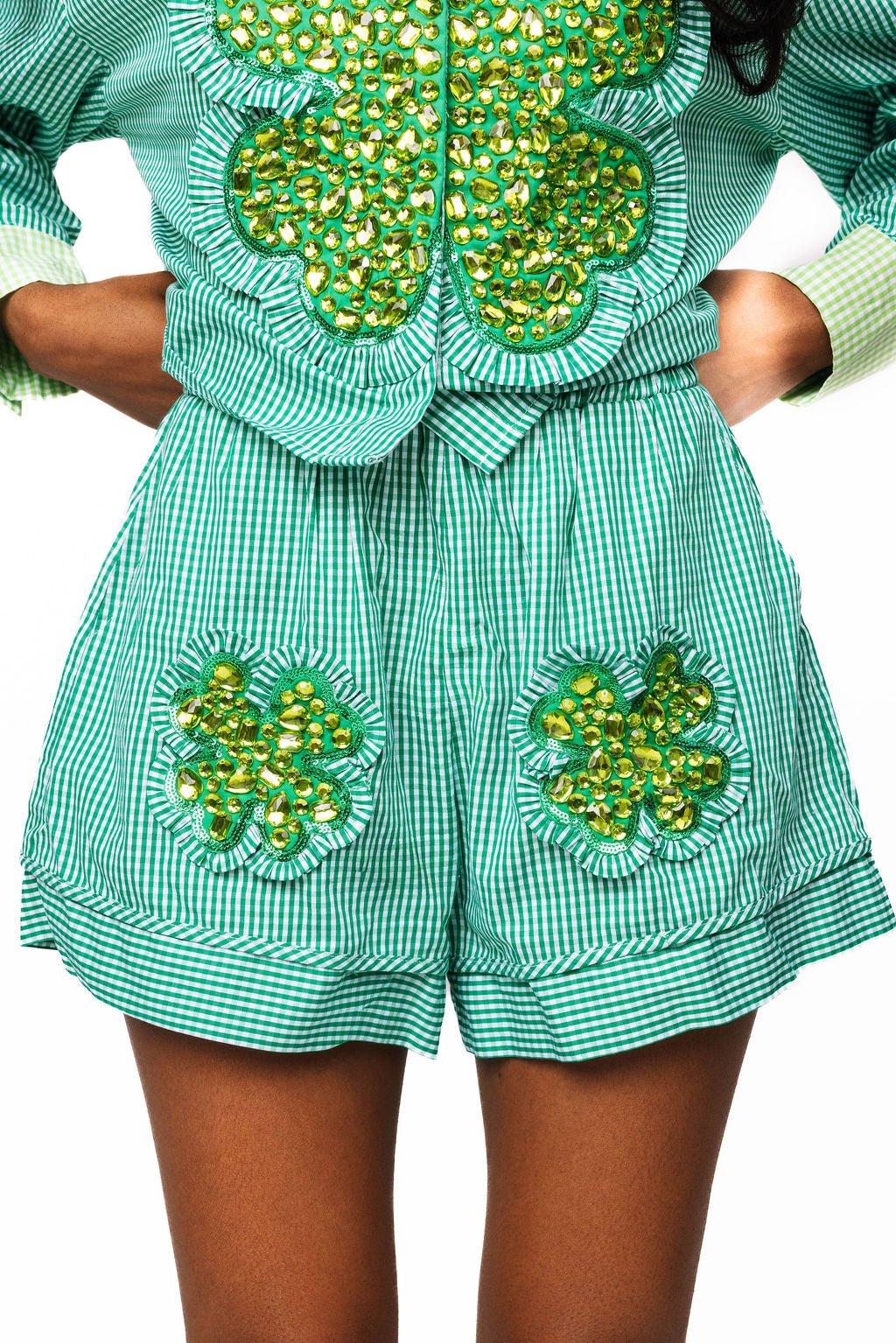QOS Green Gingham Ruffle Jeweled Shamrock Shorts