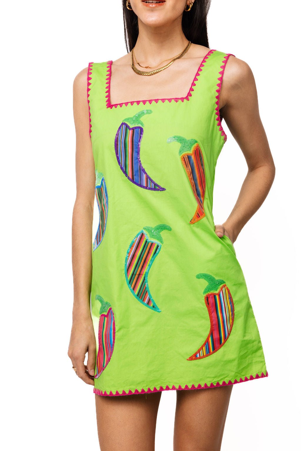 QOS Green & Pink Embroidered Trim Striped Chili Pepper Tank Dress