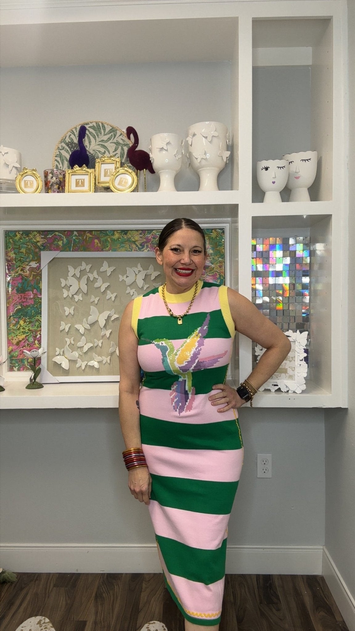QOS Green & Pink Striped Hummingbird Knit Midi Dress