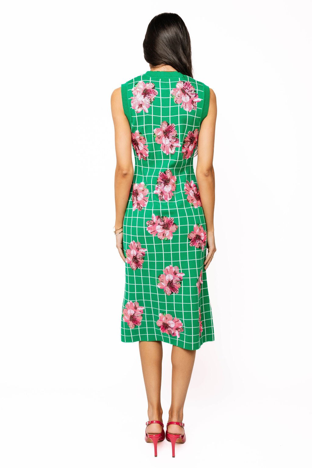 QOS Green & White Checkered Pink Azalea Knit Midi Dress