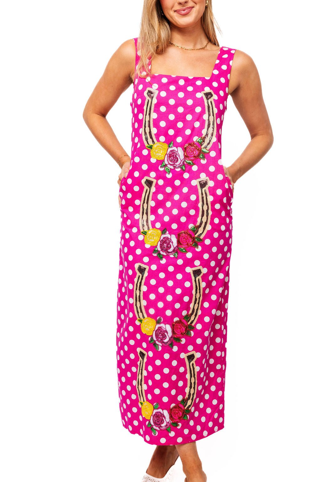 QOS Hot Pink & White Polka Dot Rose Horseshoe Cotton Midi Dress