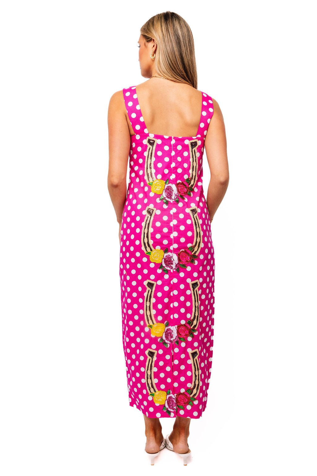 QOS Hot Pink & White Polka Dot Rose Horseshoe Cotton Midi Dress