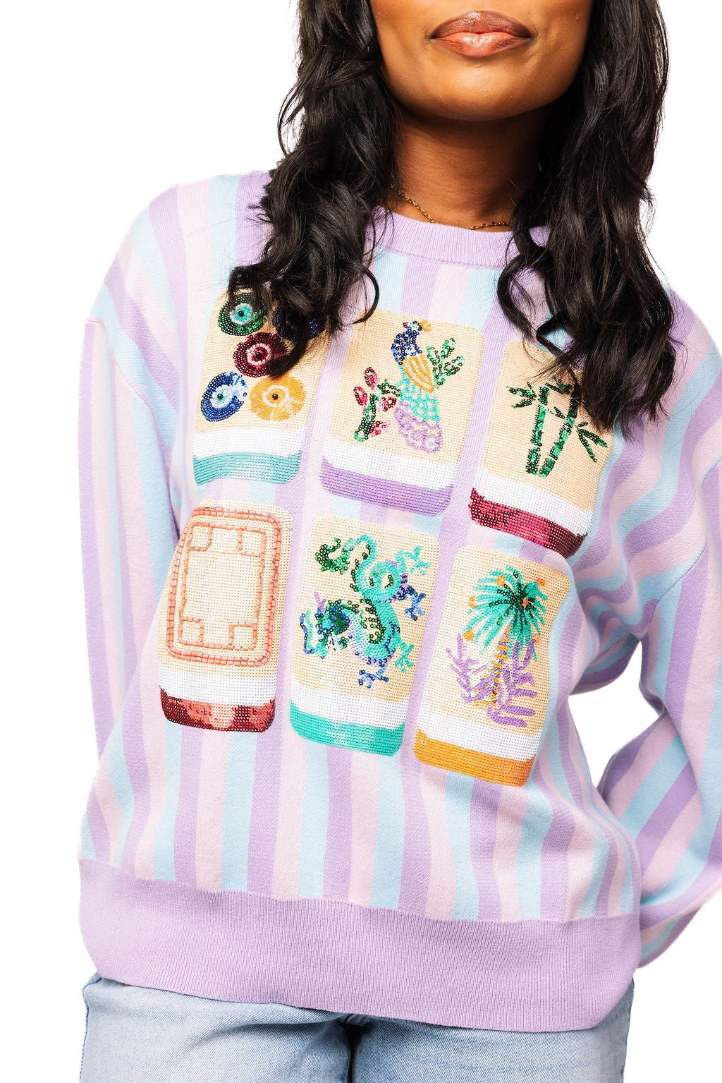 QOS Lavender, Blue & Pink Stripe Mahjong Tile Sweater