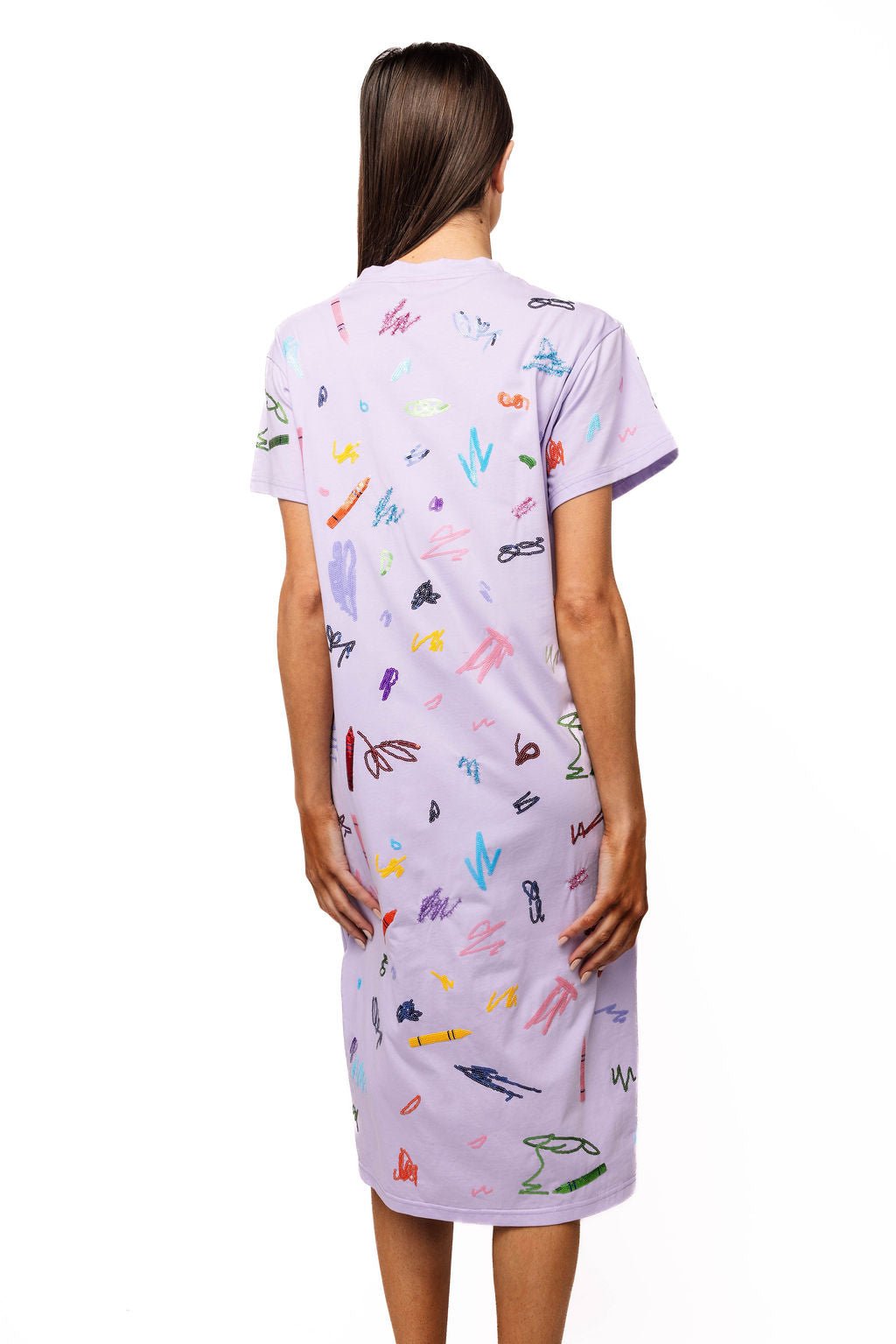 QOS Lavender Multi Crayon Scribble Midi Tee Dress