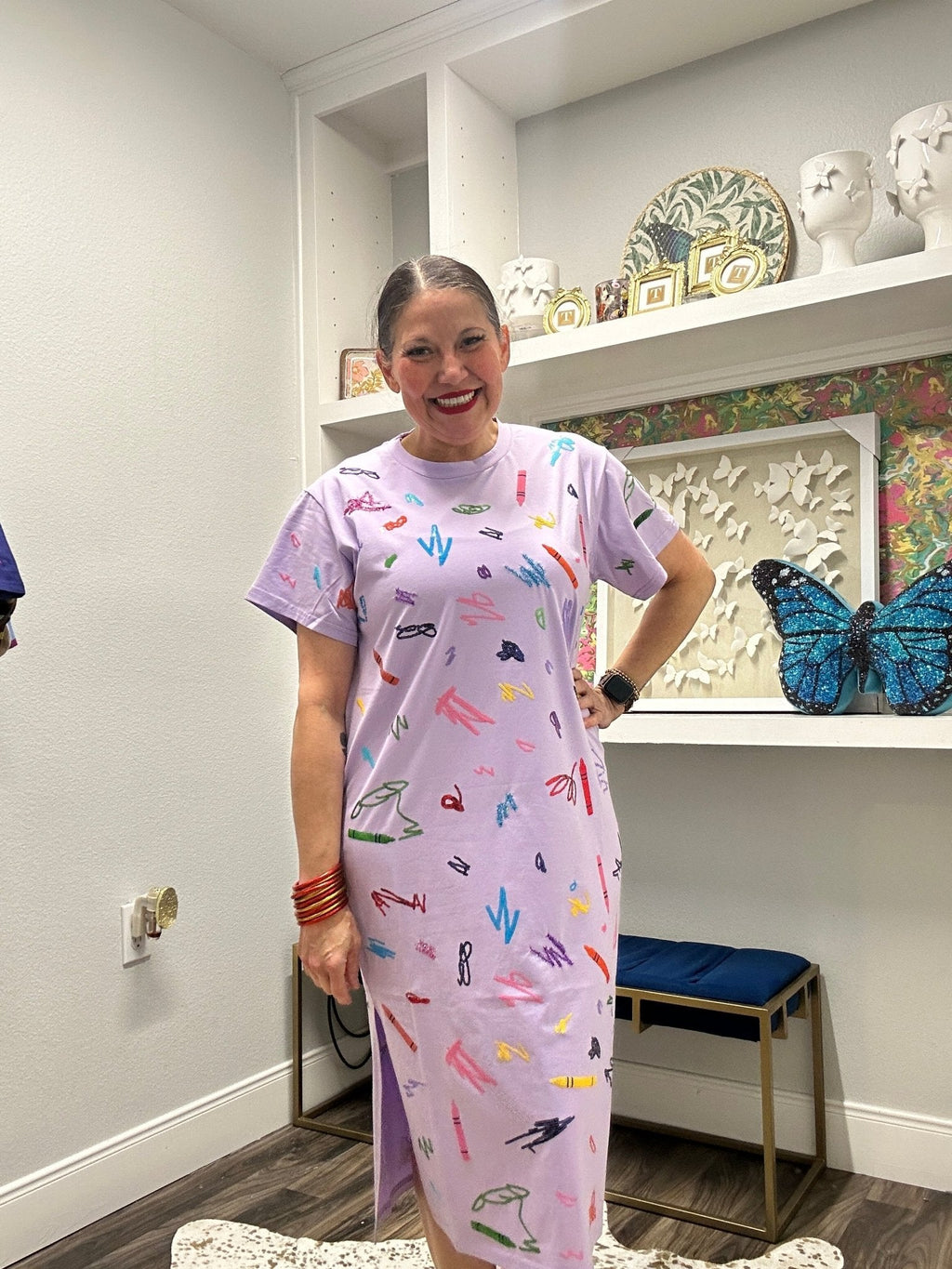 QOS Lavender Multi Crayon Scribble Midi Tee Dress