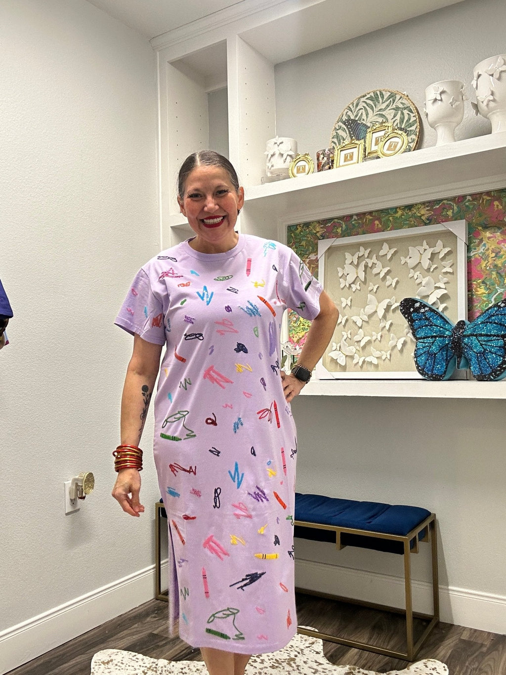 QOS Lavender Multi Crayon Scribble Midi Tee Dress