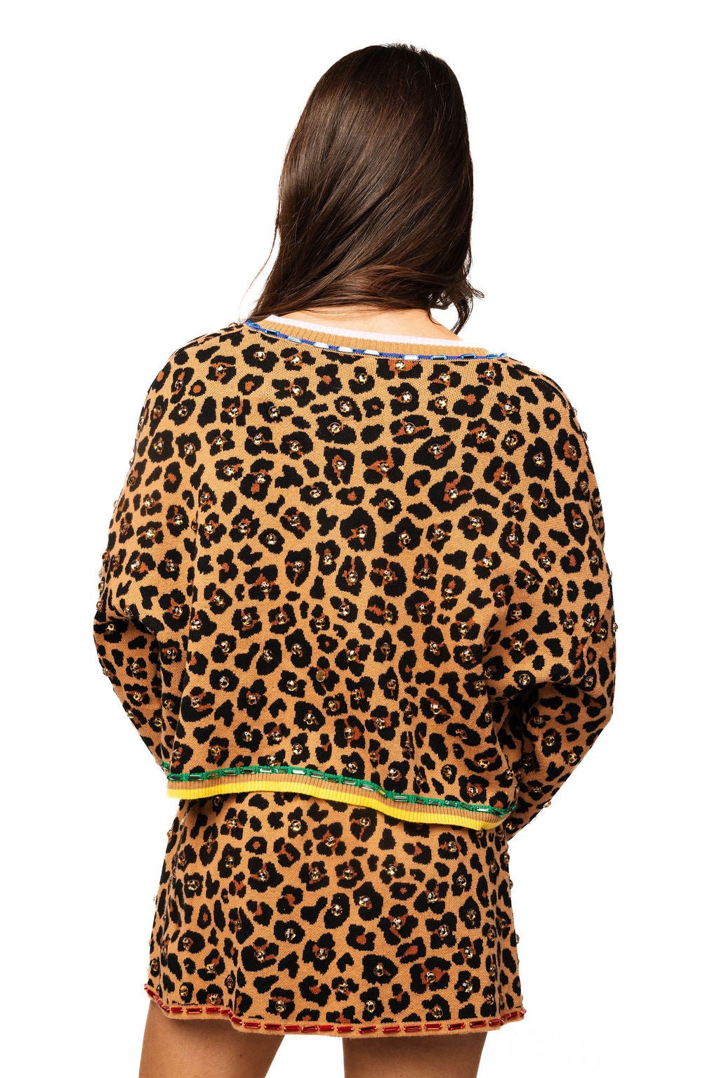 QOS Leopard Rhinestone Knit Skirt