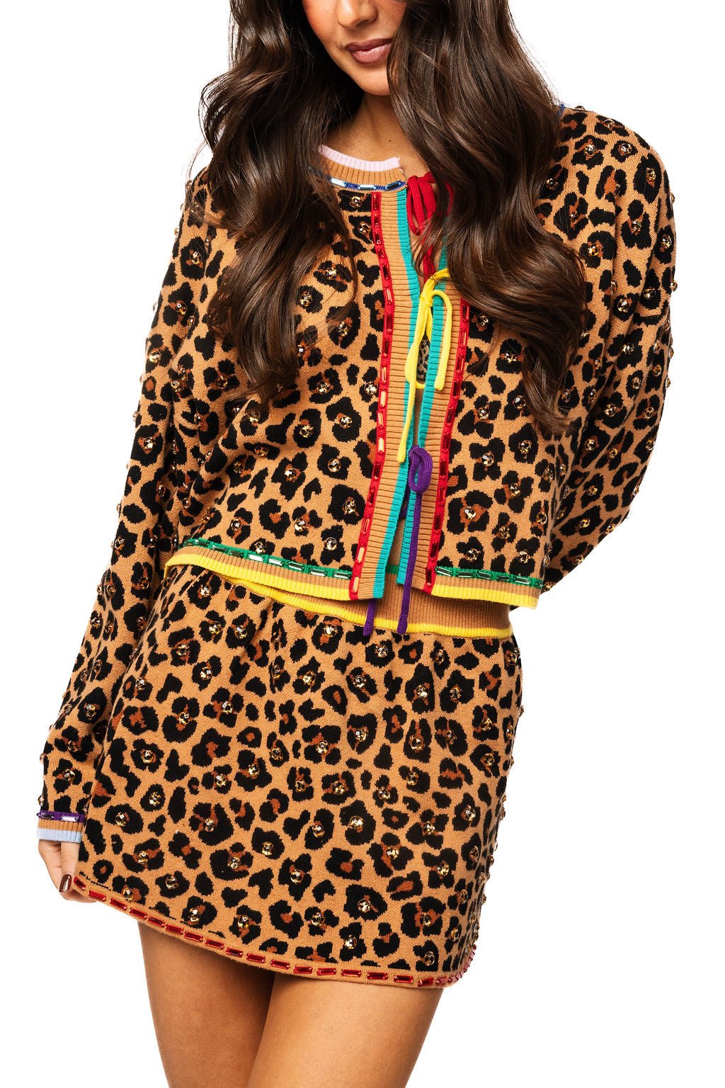 QOS Leopard Rhinestone Knit Skirt