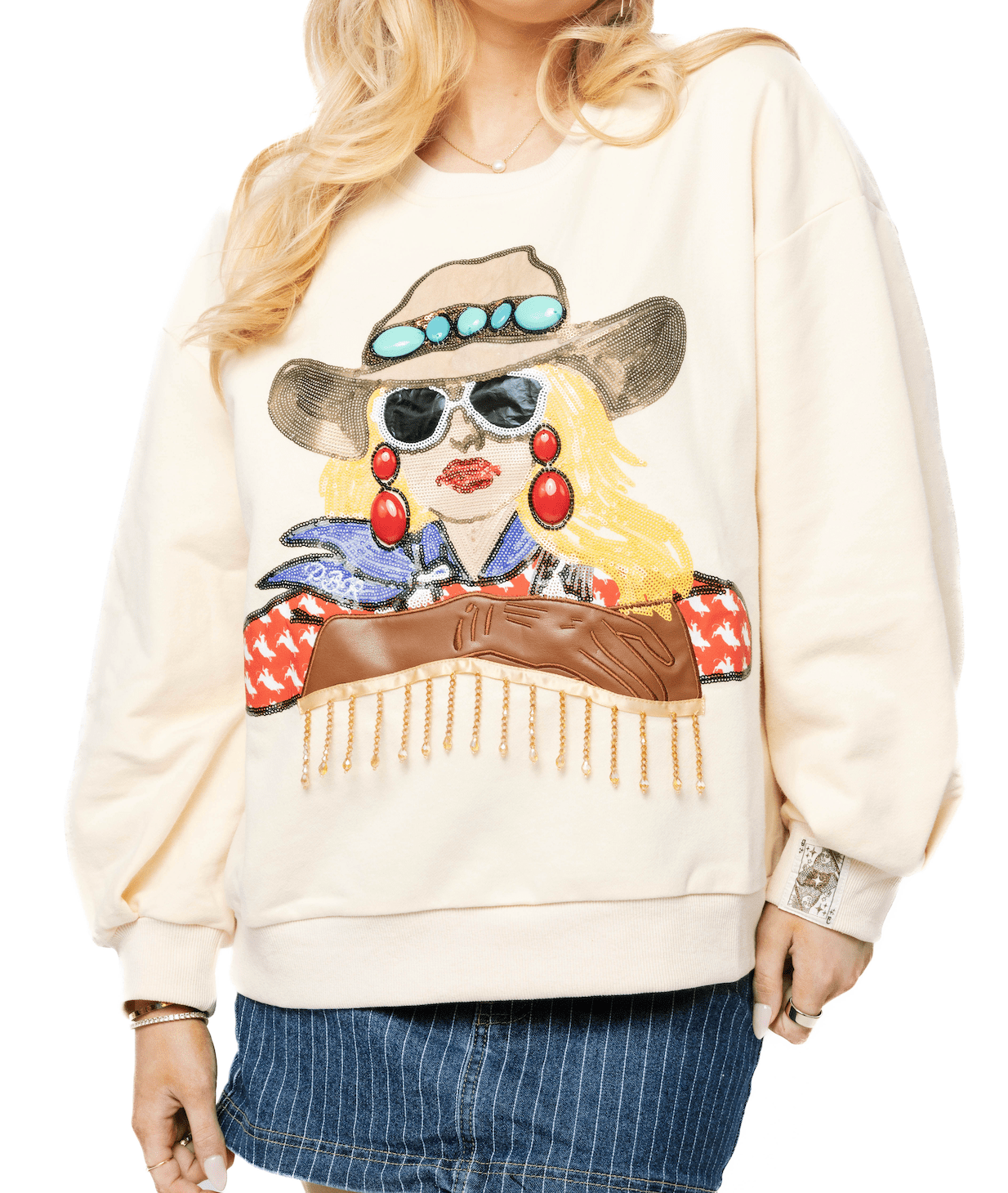 QOS Licensed Cream PBR Bull Sleeve Cowgirl Sweatshirt