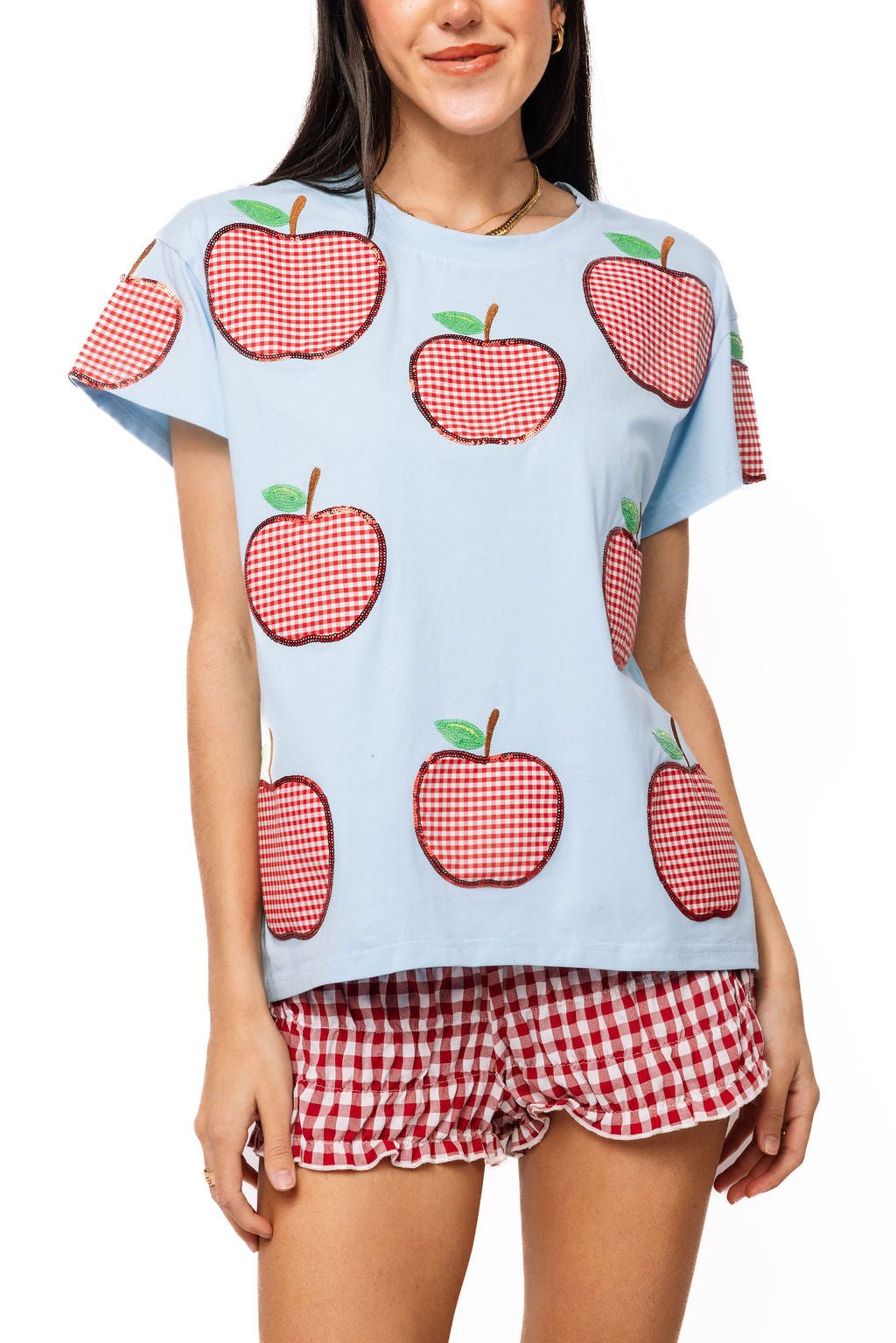 QOS Light Blue & Red Gingham Apple Tee