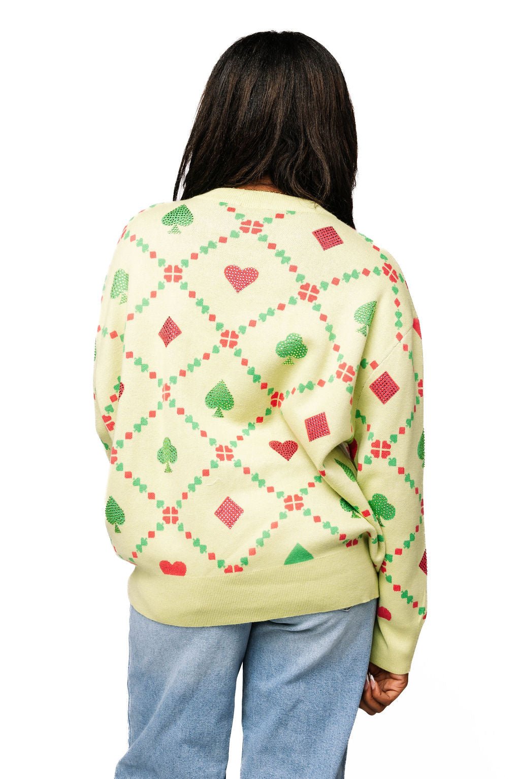 QOS Light Green Multi QOS Card Logo & Suit Sweater