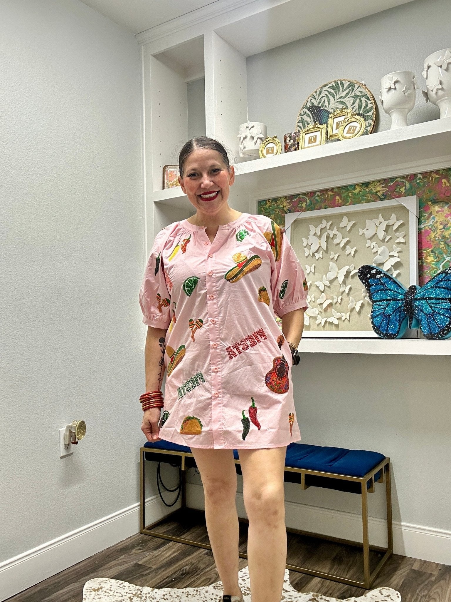 QOS Light Pink Cinco Icon Button Up Cotton Dress