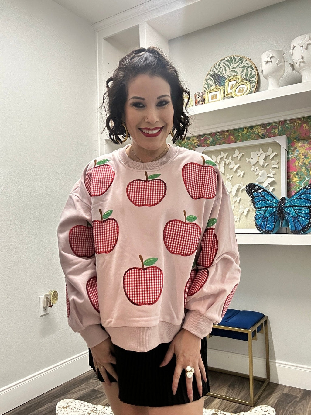 QOS Light Pink & Red Gingham Apple Sweatshirt