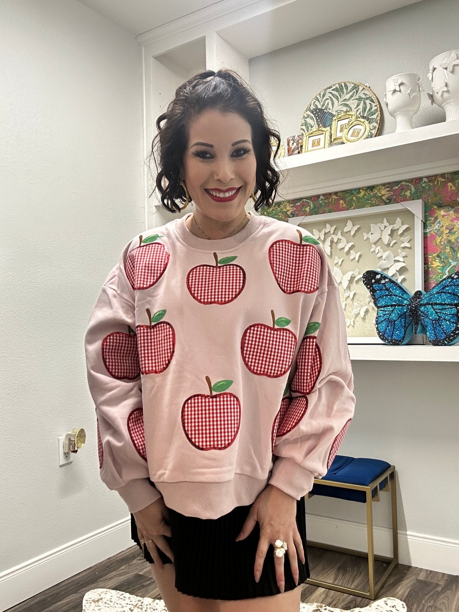 QOS Light Pink & Red Gingham Apple Sweatshirt