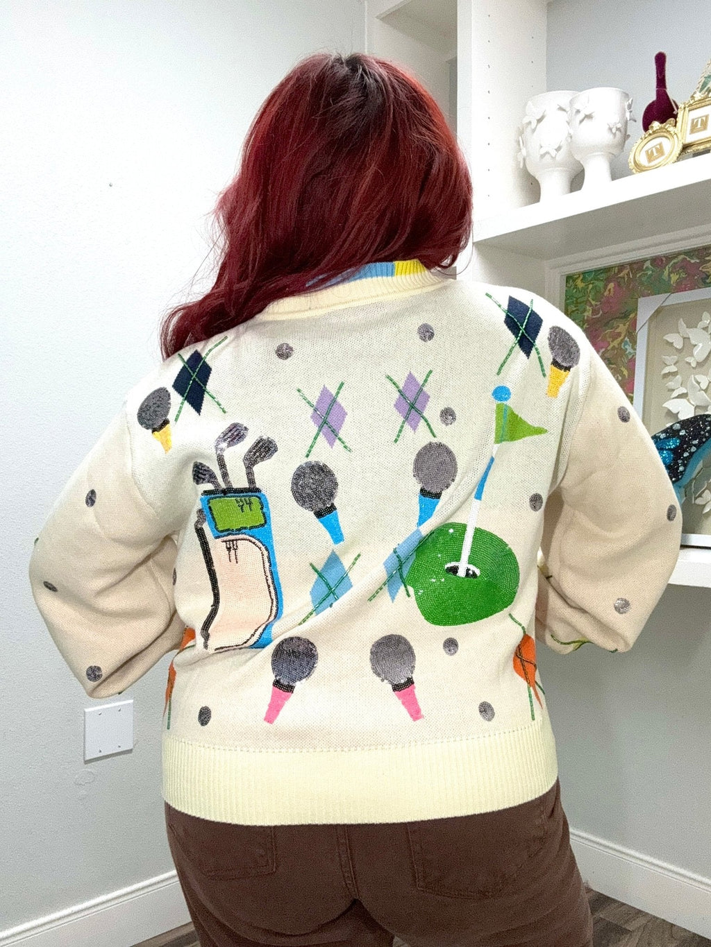 QOS Multi Argyle Golf Icon Rainbow Trim Button Up Cardigan