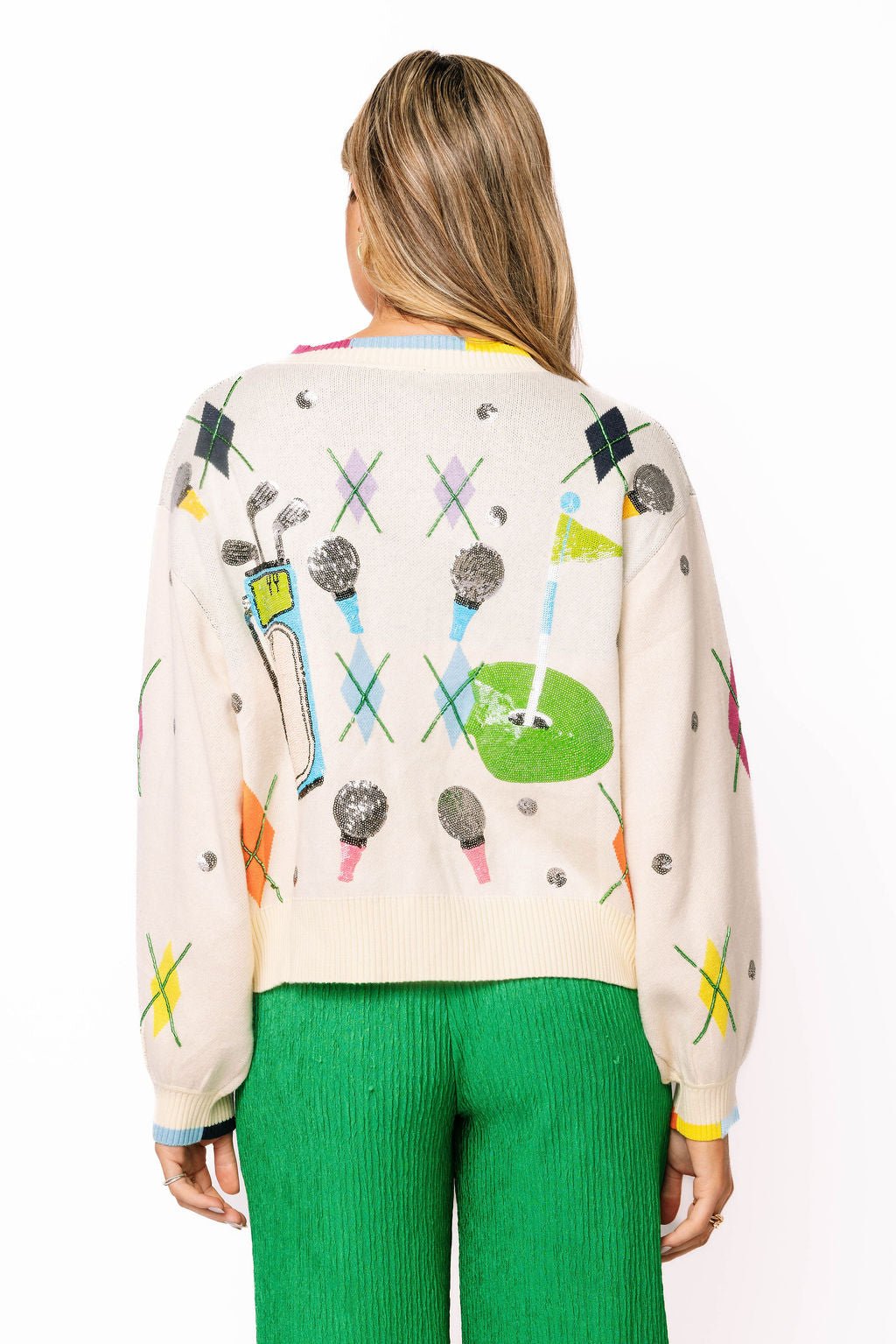 QOS Multi Argyle Golf Icon Rainbow Trim Button Up Cardigan