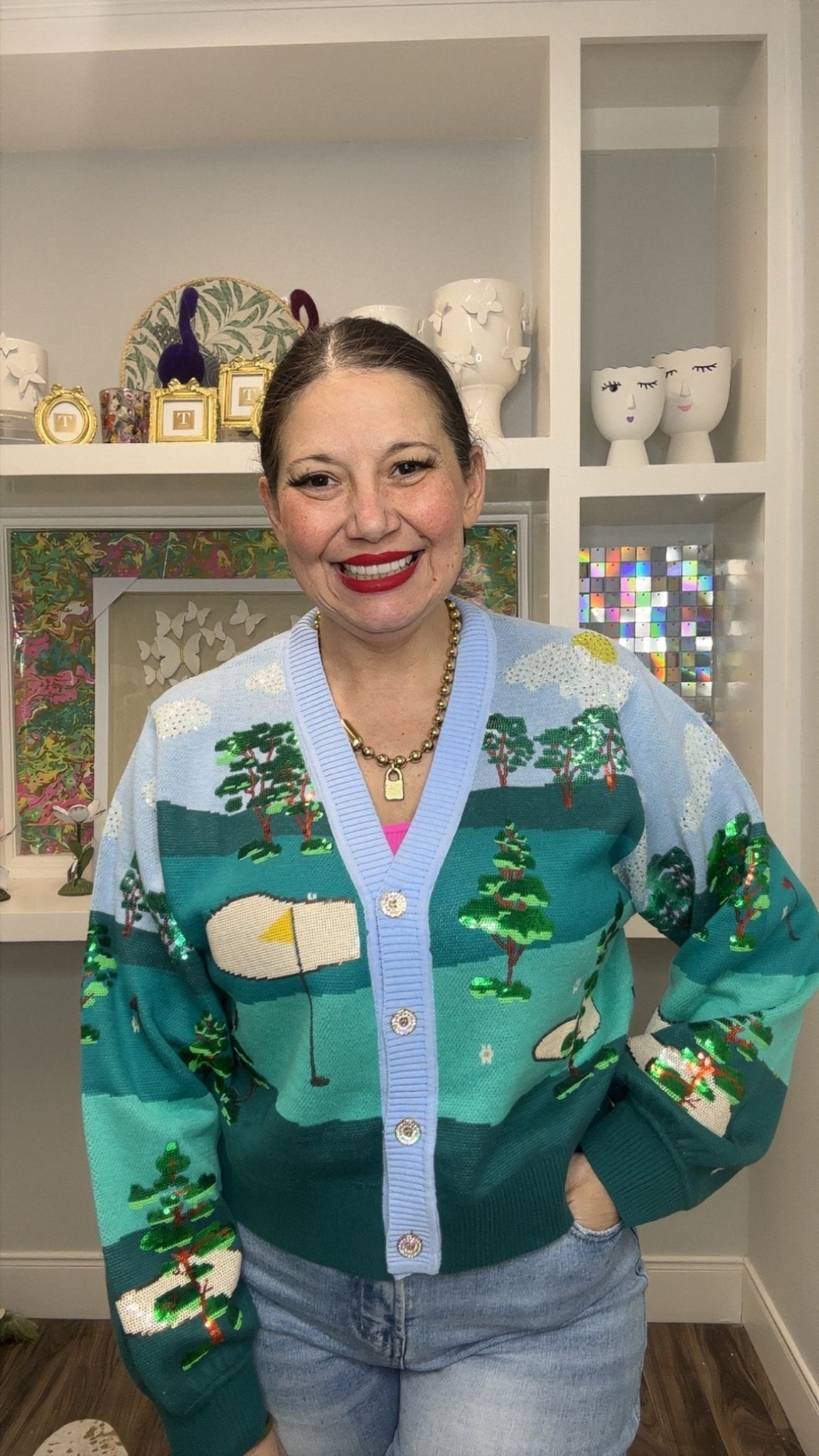 QOS Multi Golf Course Scene Button Up Cardigan