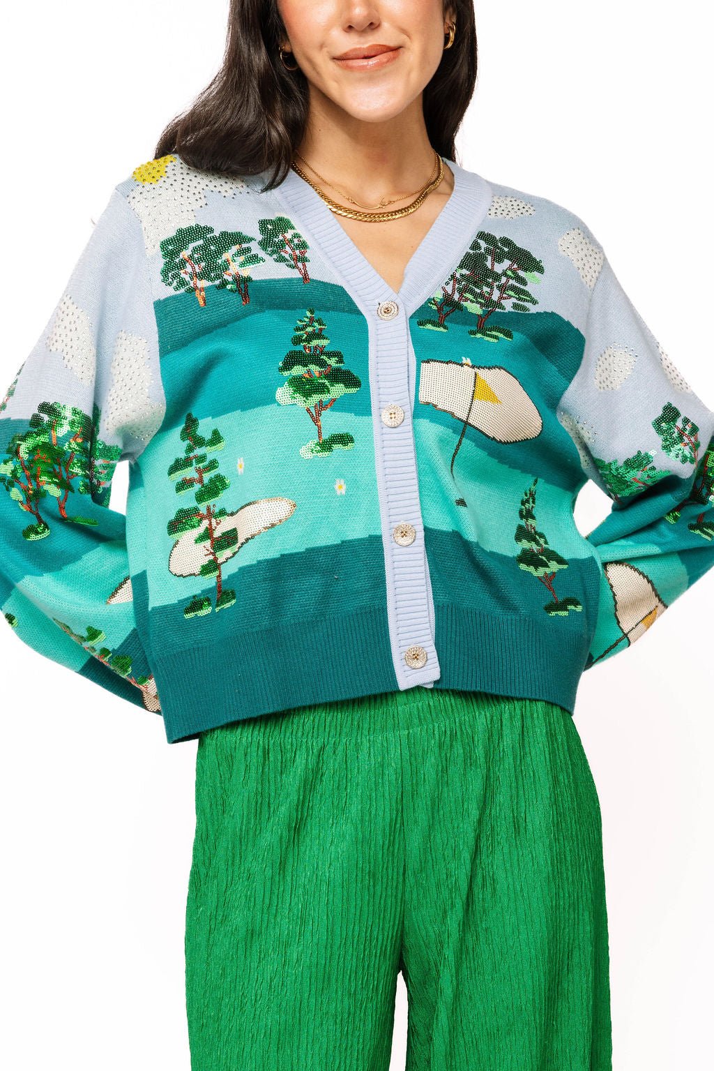 QOS Multi Golf Course Scene Button Up Cardigan