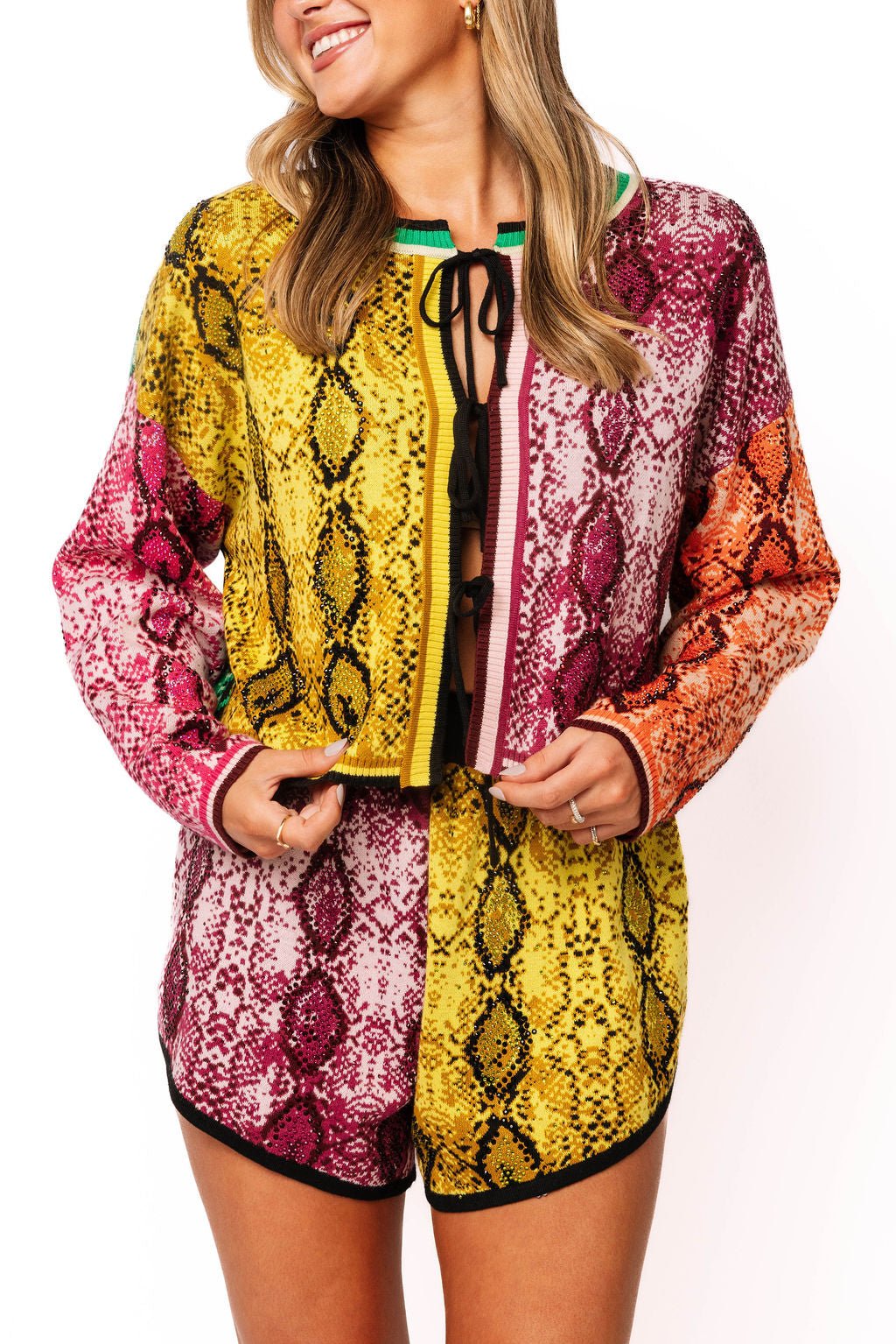 QOS  Multi Snake Print Tie Up Sweater