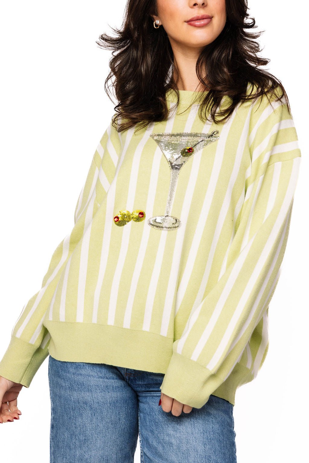 QOS Olive Green & White Stripe Martini Sweater