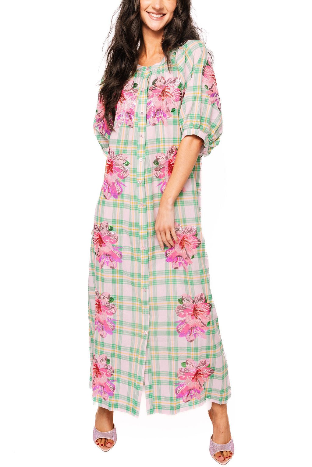 QOS Plaid Azalea Button Up Midi Cotton Dress
