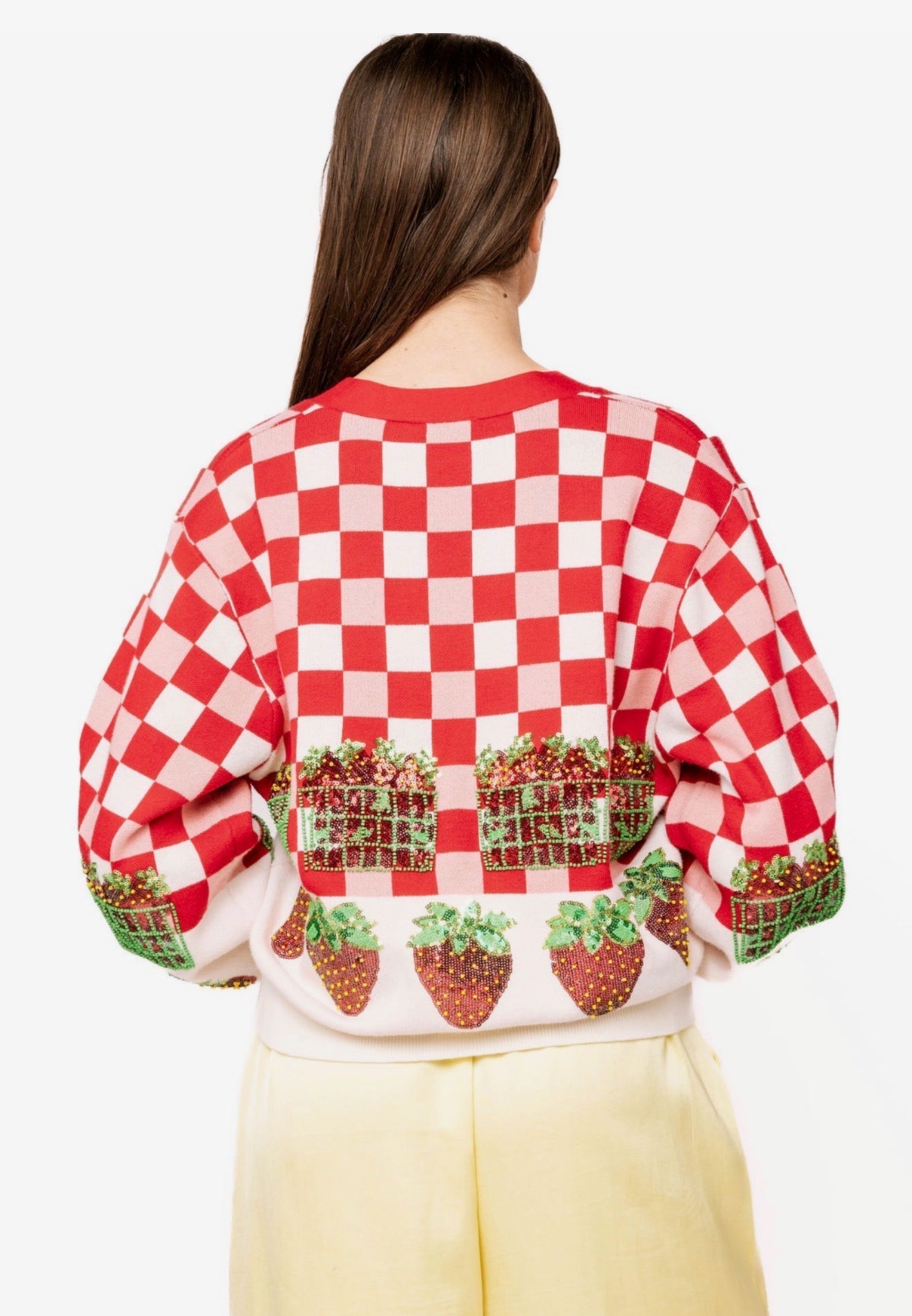 QOS Red & White Checkered Strawberry Button Up Cardigan