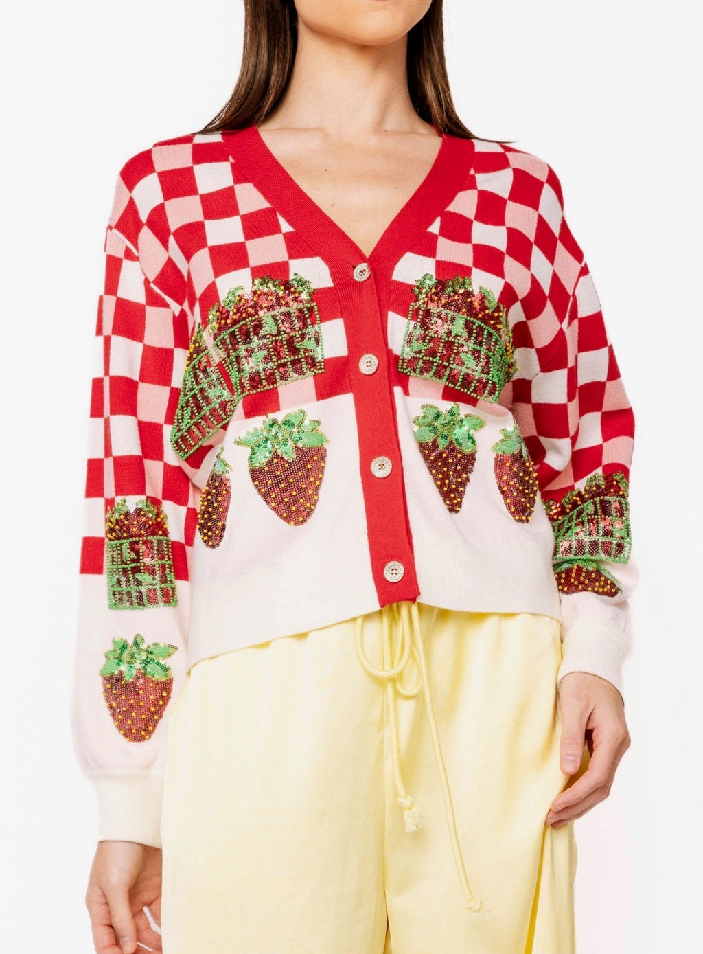 QOS Red & White Checkered Strawberry Button Up Cardigan
