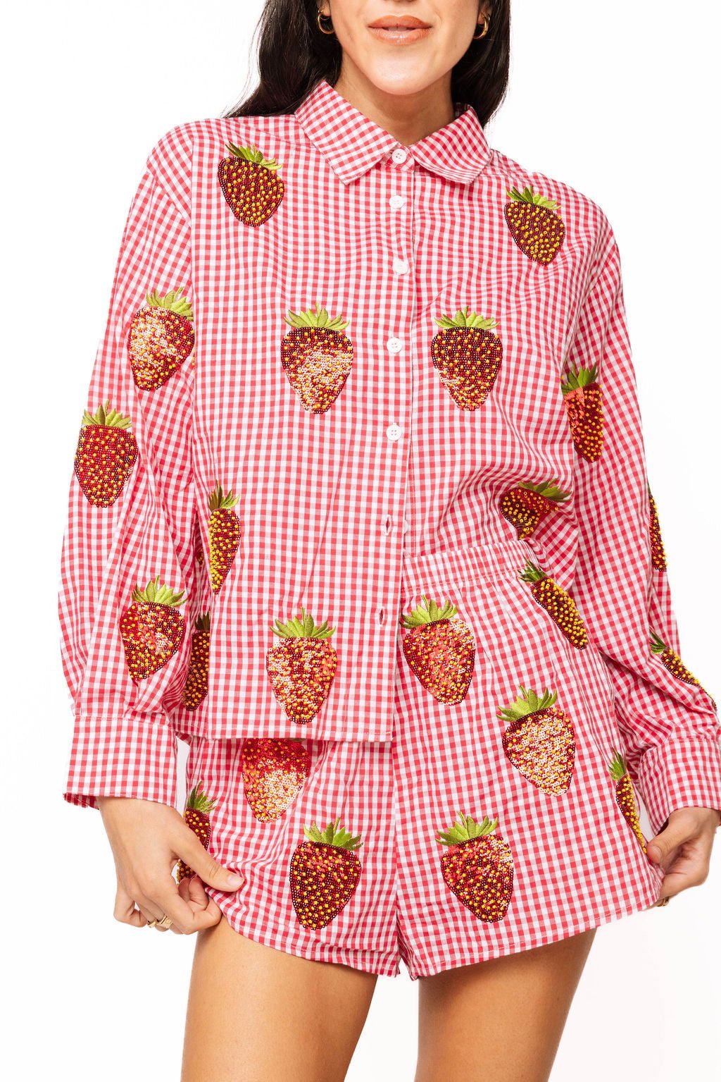 QOS Red & White Gingham Beaded Strawberry Button Up Cotton Long Sleeve Top