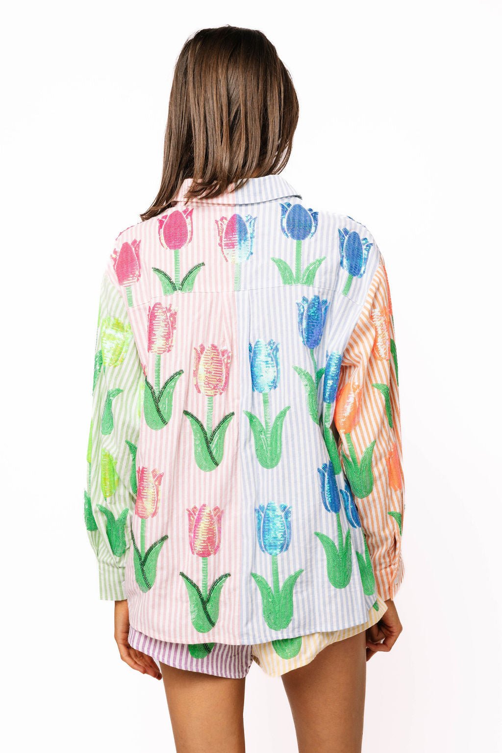 QOS Striped Colorblock Sequin Tulip Cotton Short
