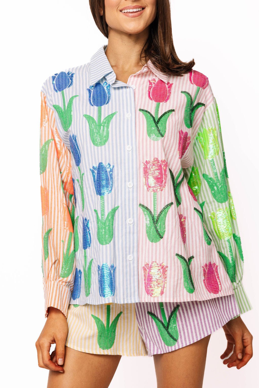 QOS Striped Colorblock Sequin Tulip Cotton Short