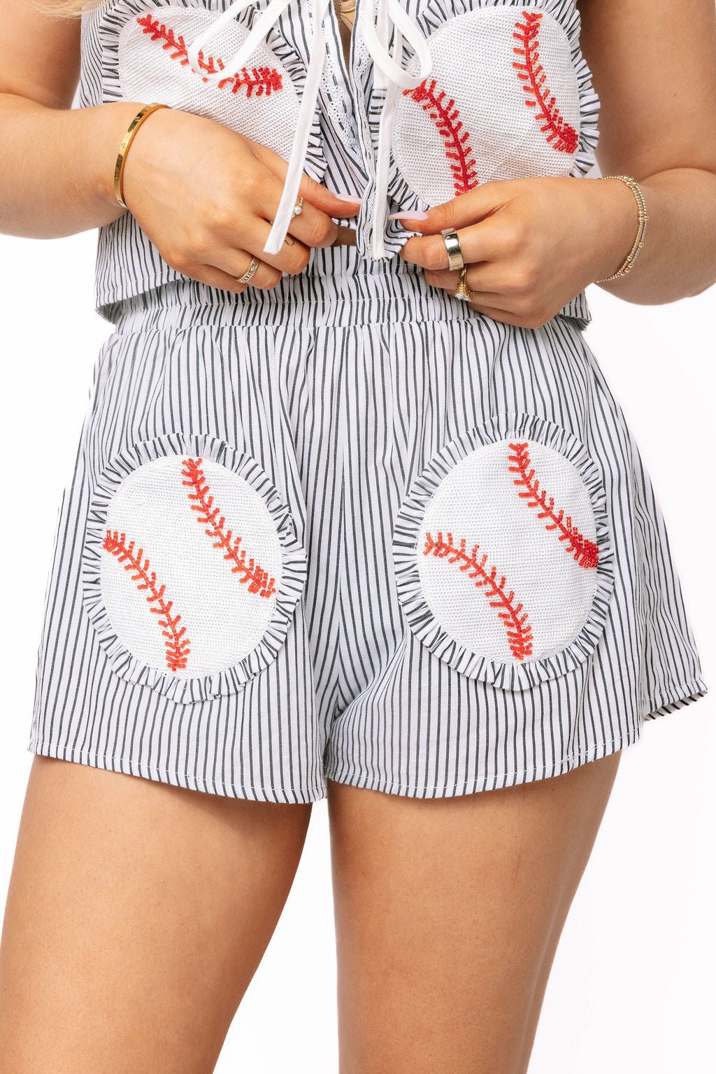QOS White & Black Striped Baseball Cotton Short