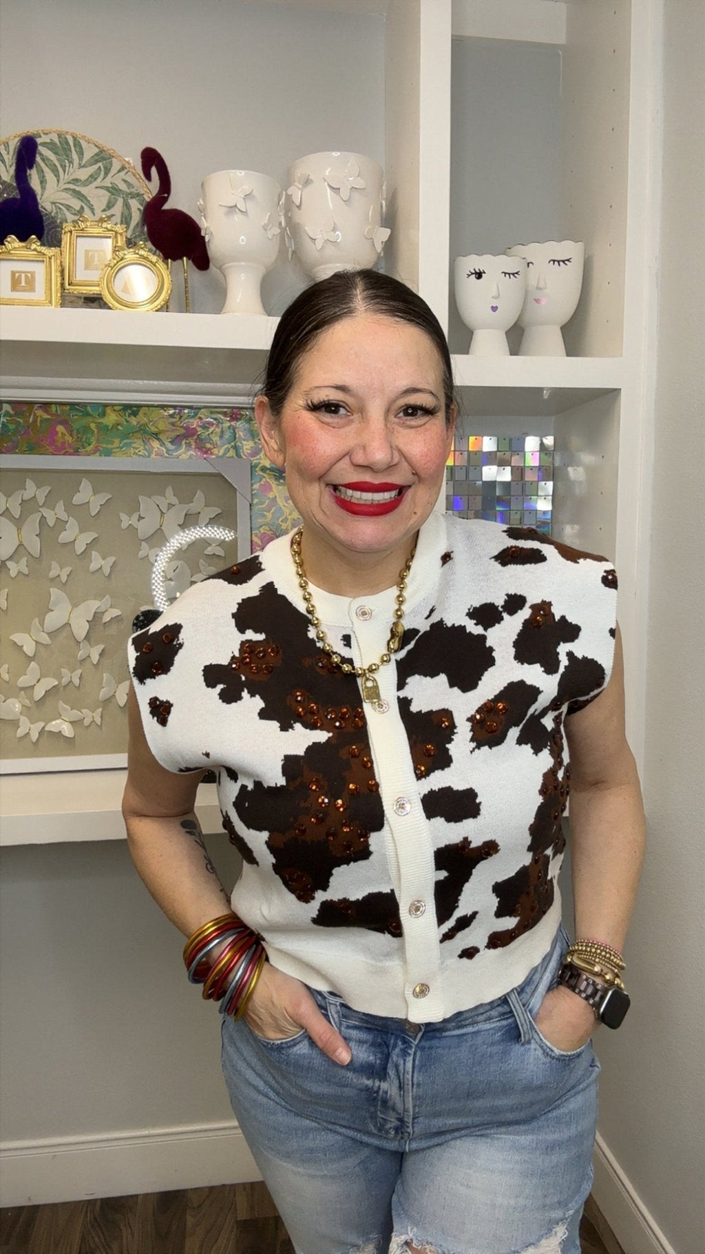 QOS White & Brown Sequin Cow Print Button Up Vest