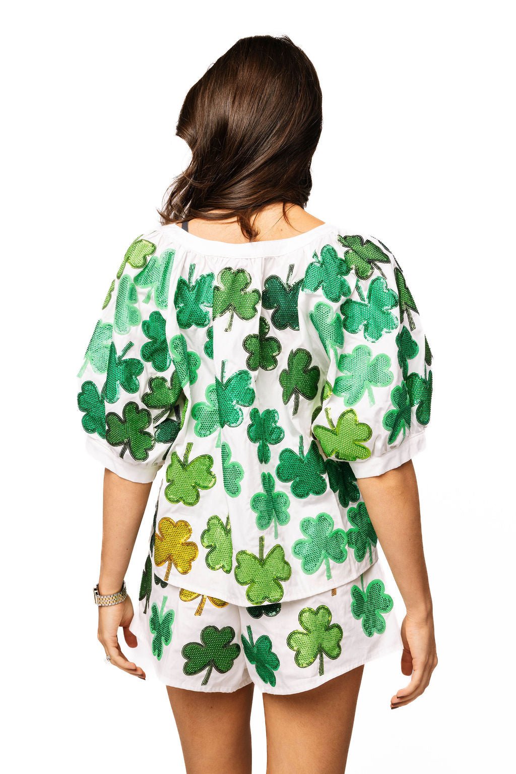 QOS White & Green Rhinestone Shamrock Cotton Short