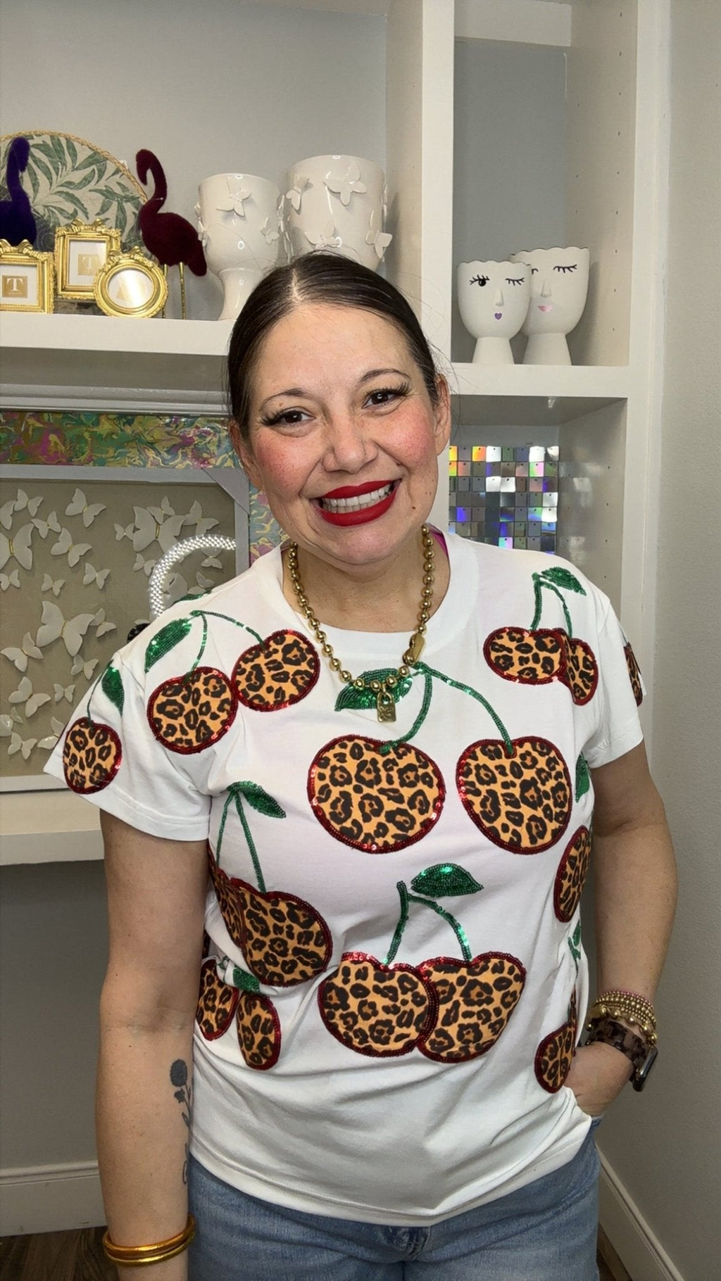 QOS White Leopard Print Cherry Tee