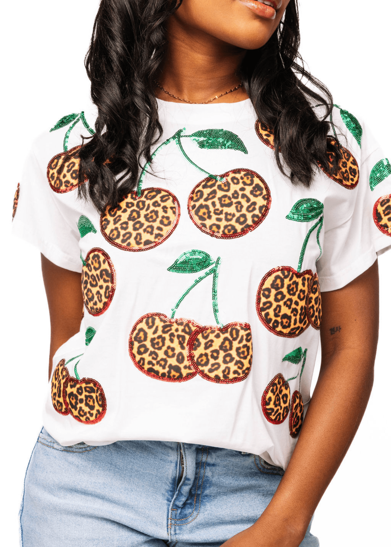 QOS White Leopard Print Cherry Tee