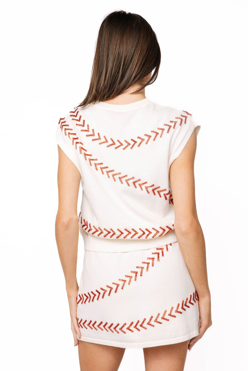QOS White & Red Beaded Baseball Stitch Button Up Vest