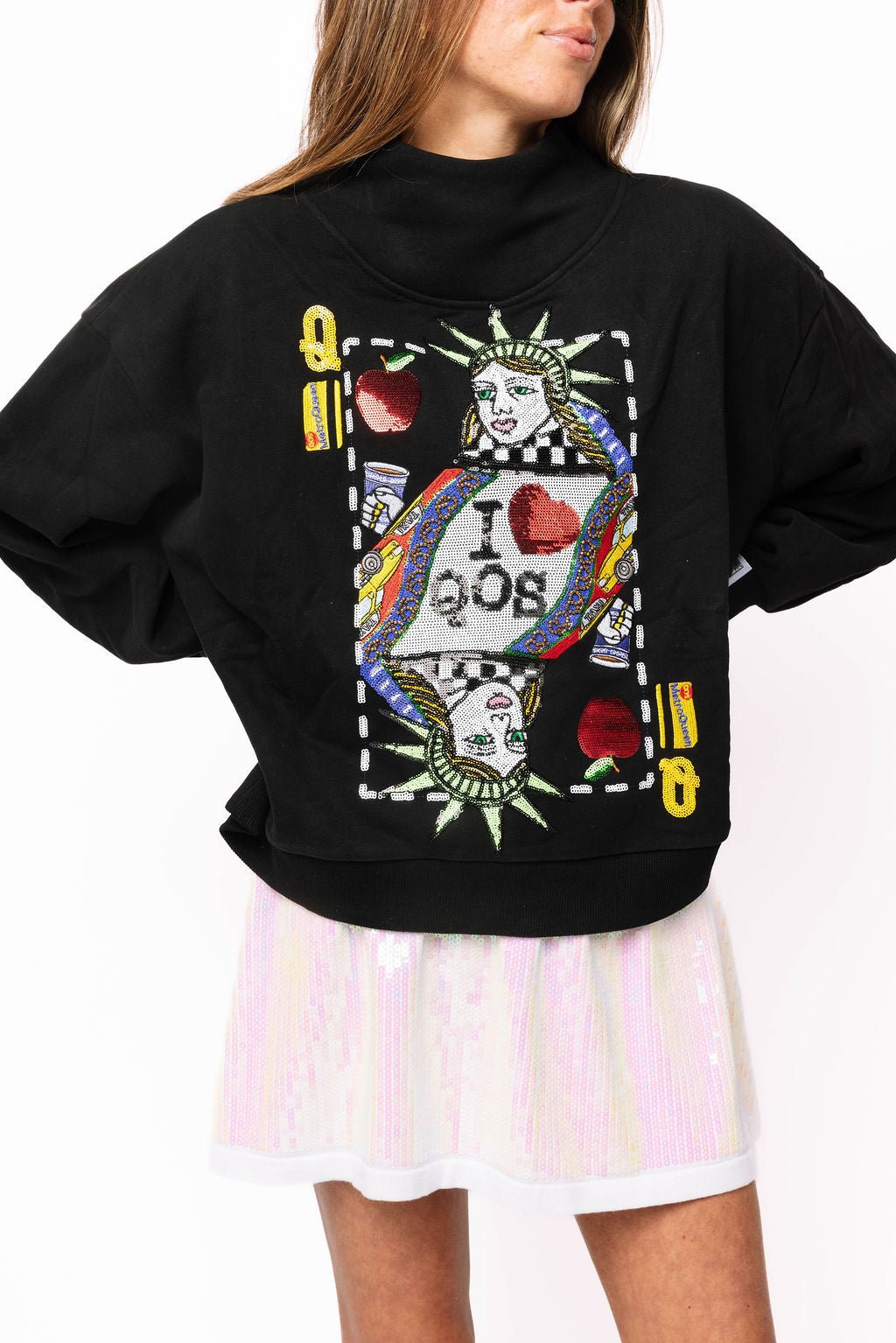 Queen of Sparkles Black NYC Queen Card Mock Neck Sweatshirt