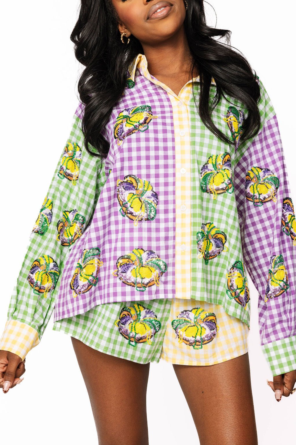 Queen of Sparkles Colorblock Mardi Gras Gingham King Cake Short